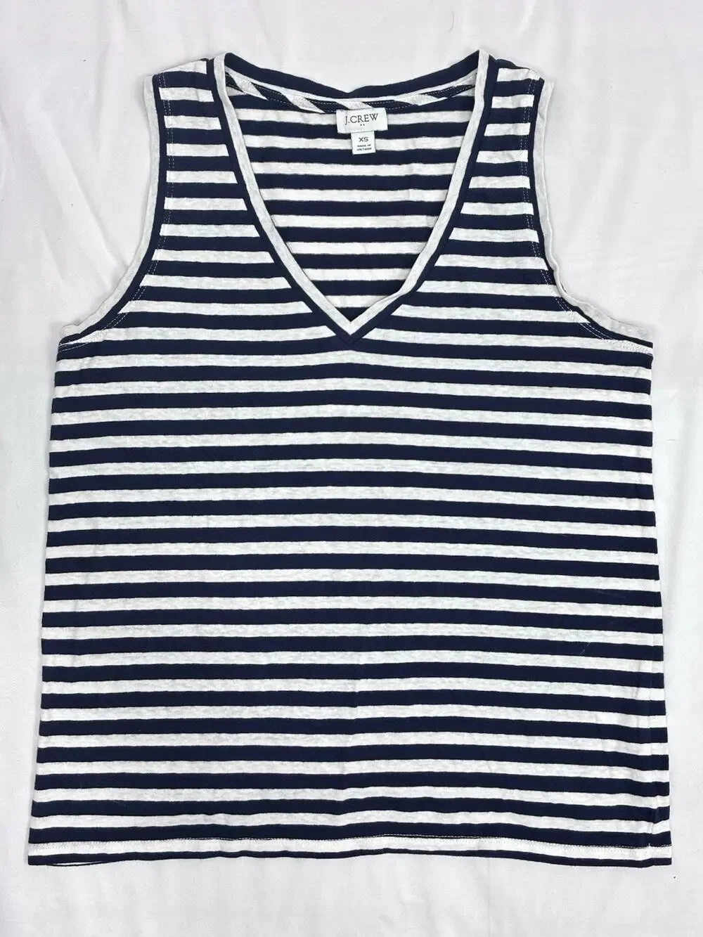 J.Crew Navy Blue White Striped Cotton-blend V-Neck Tank Top XS Coastal Preppy